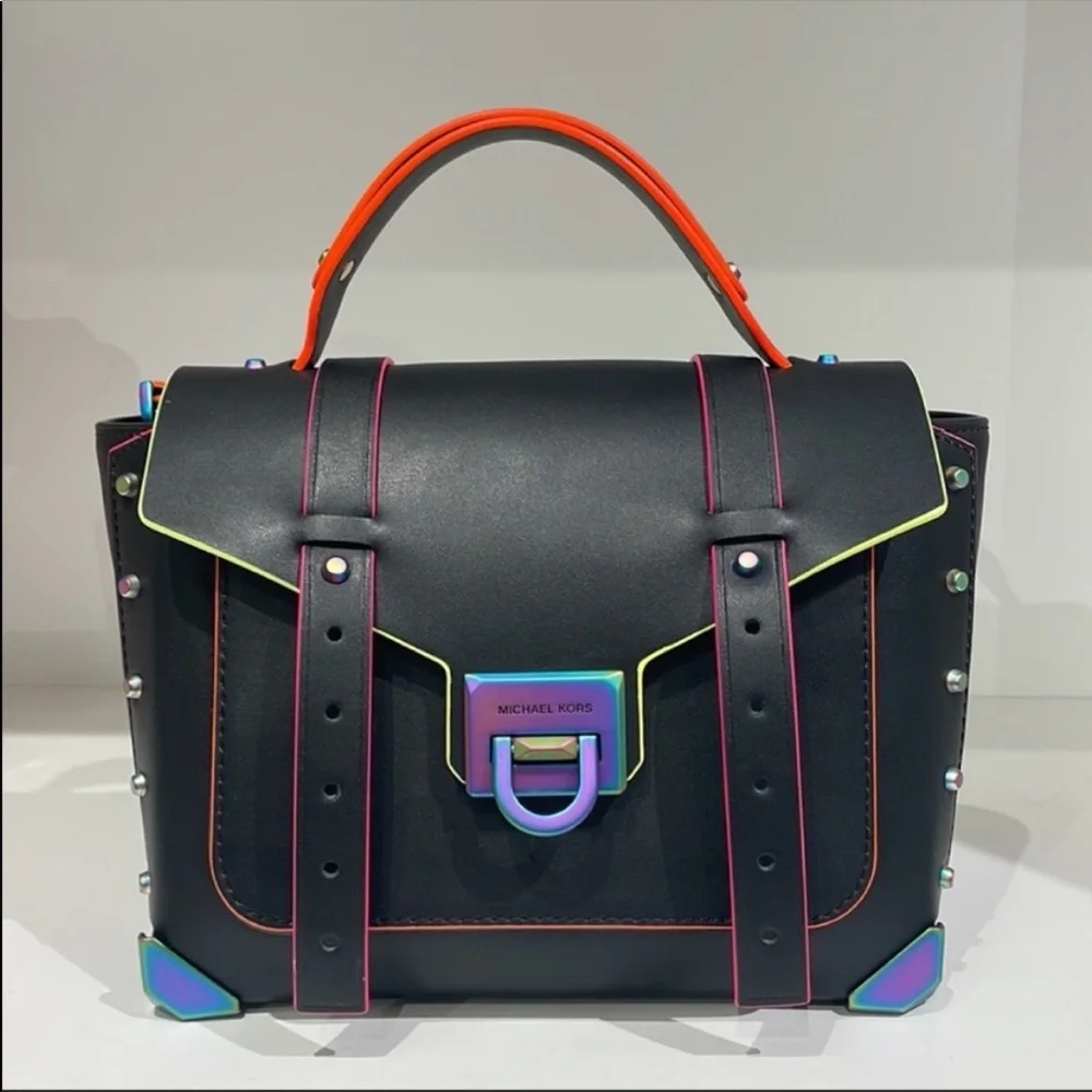 Michael Kors MK Manhattan neon contrast
trim black satchel bag crossbody - Picture 2 of 9